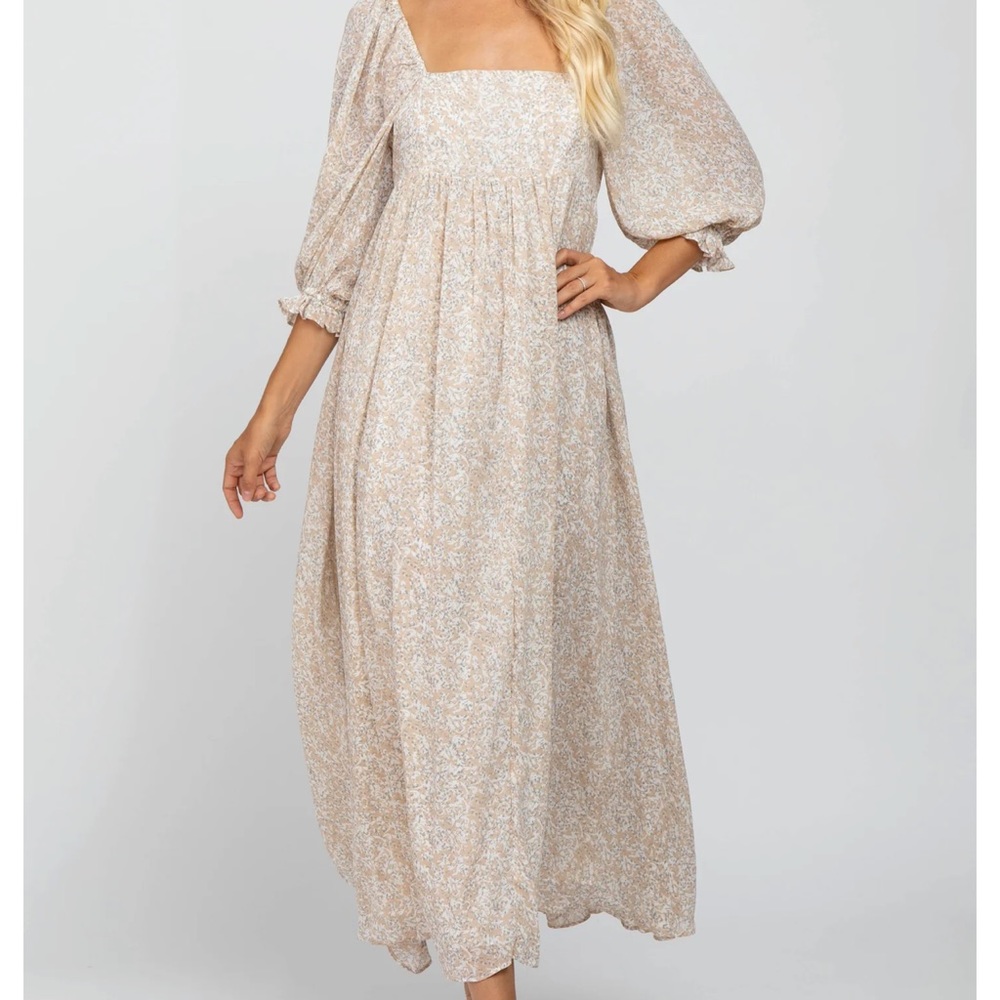 PinkBlush Beige Chiffon printed square neck empire maternity dress